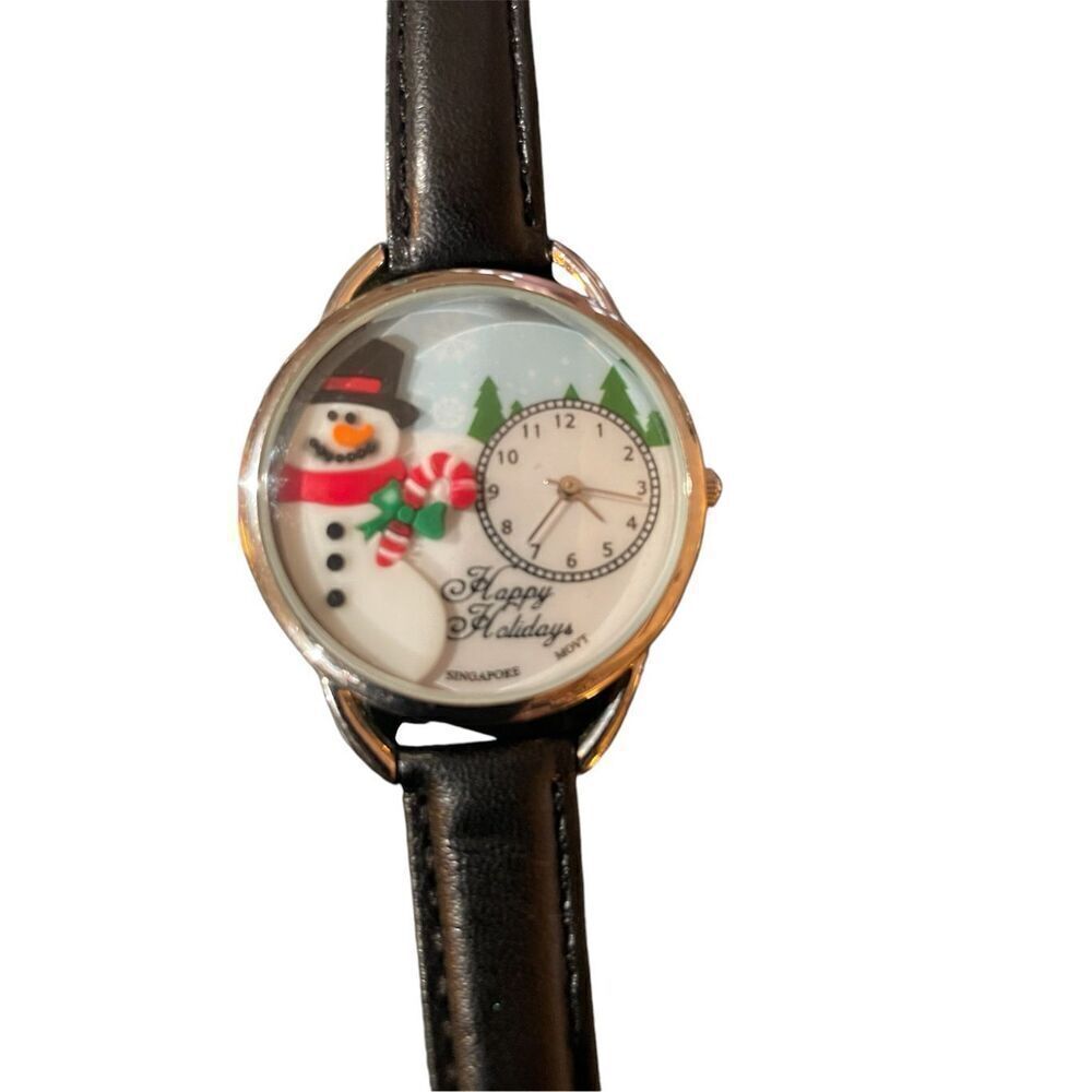 Vintage whimsical christmas snowman happy holiday 3d watch black band unisex